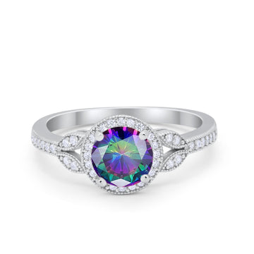 Art Deco Wedding Ring Halo Simulated Rainbow CZ 925 Sterling Silver